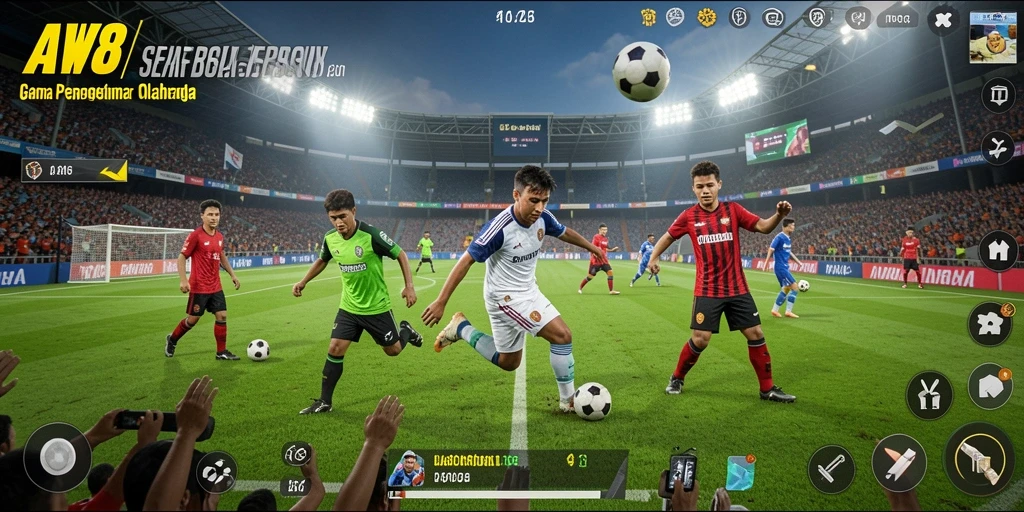 Tampilan gameplay <strong>AW8</strong> yang menarik dan mendebarkan saat bermain sepak bola.