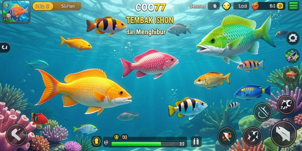 Screenshot gameplay COO77 menampilkan aksi menembak ikan yang mendebarkan.