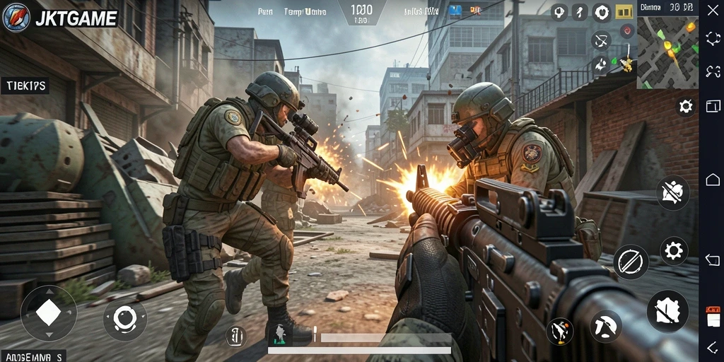 Screenshot utama JKTGAME menampilkan momen aksi FPS yang mendebarkan.