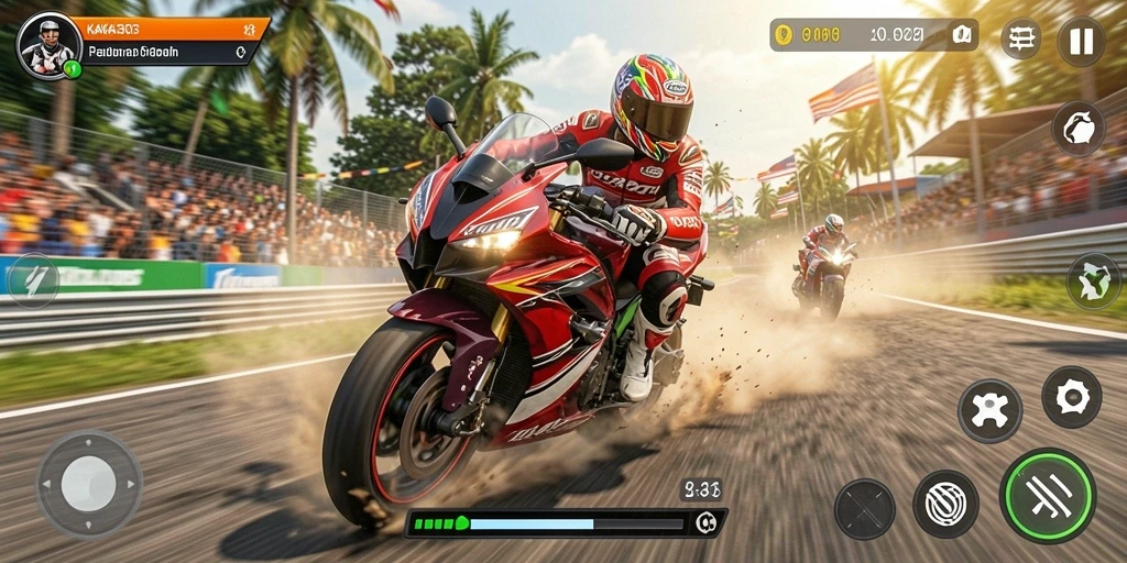 Screenshot gameplay KAKA303 yang menunjukkan balapan motor yang intens.