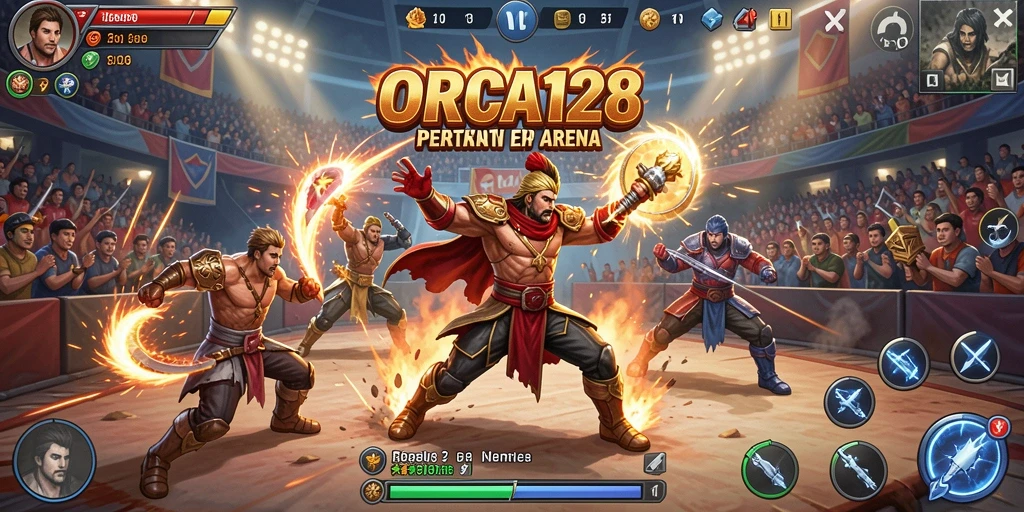 Screenshot gameplay ORCA128 yang menunjukkan aksi pertarungan epik.