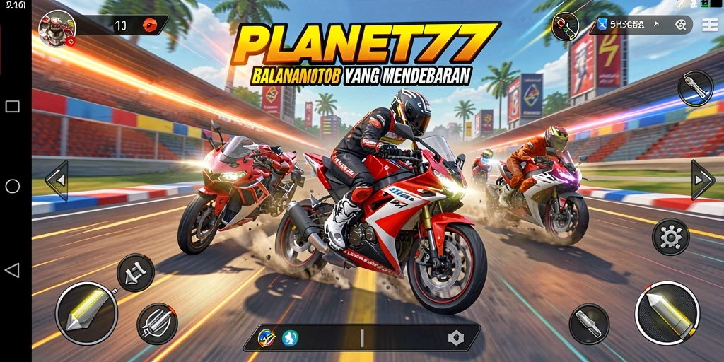 Tampilan gameplay PLANET77 yang seru dan penuh aksi balapan motor.