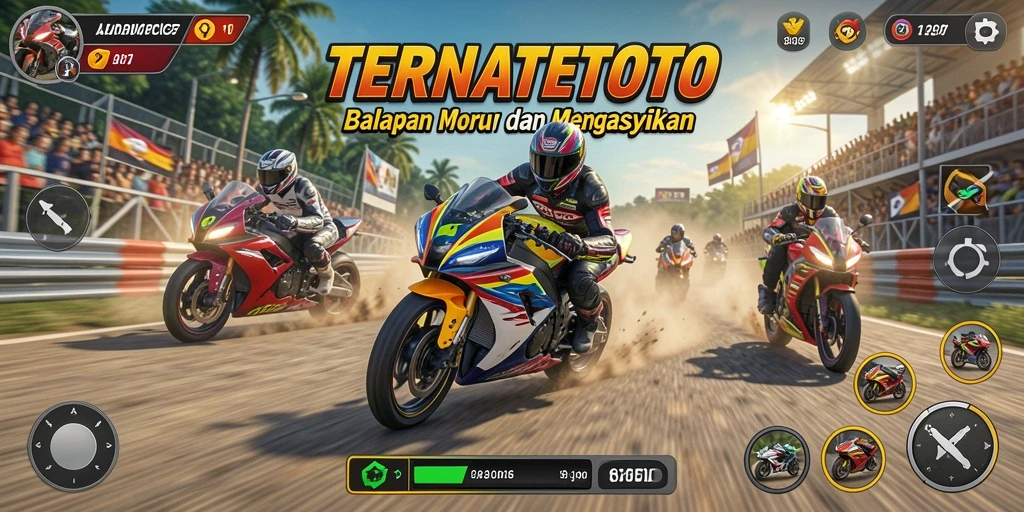 Screenshot gameplay TERNATETOTO menampilkan balapan motor yang mendebarkan.