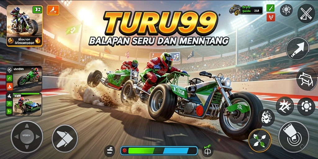 Gameplay balapan seru dalam TURU99 dengan berbagai kendaraan dan lintasan.
